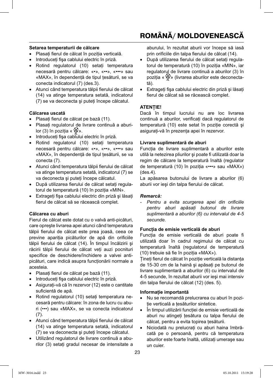 Română/ moldovenească | MAXWELL MW-3016 W User Manual | Page 23 / 42