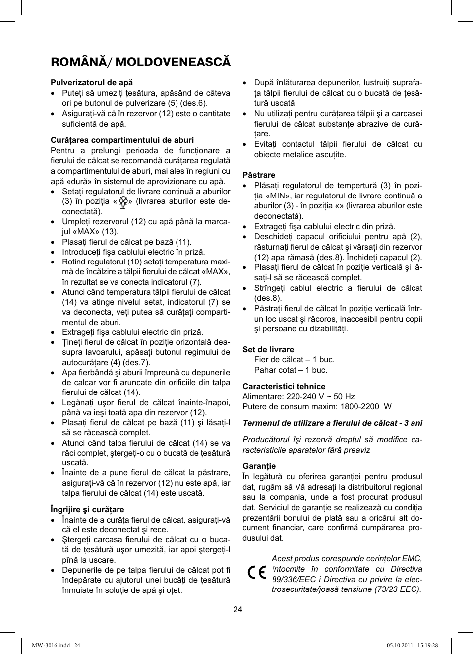 Română/ moldovenească | MAXWELL MW-3016 W User Manual | Page 24 / 42