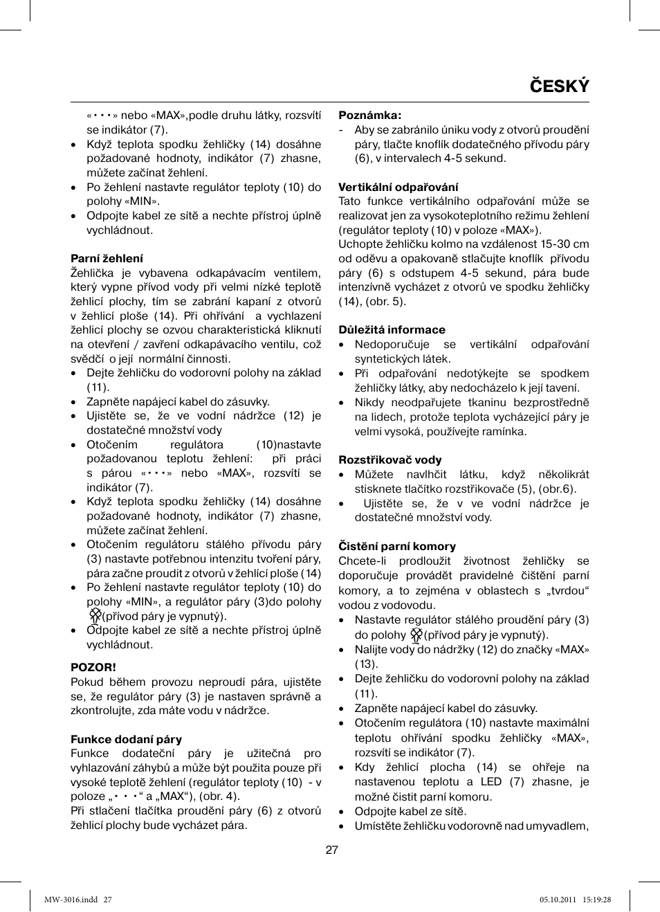 Český | MAXWELL MW-3016 W User Manual | Page 27 / 42