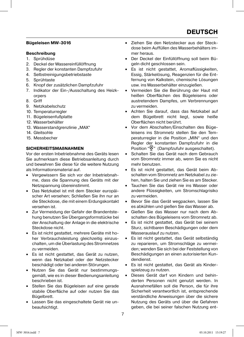 Deutsch | MAXWELL MW-3016 W User Manual | Page 7 / 42