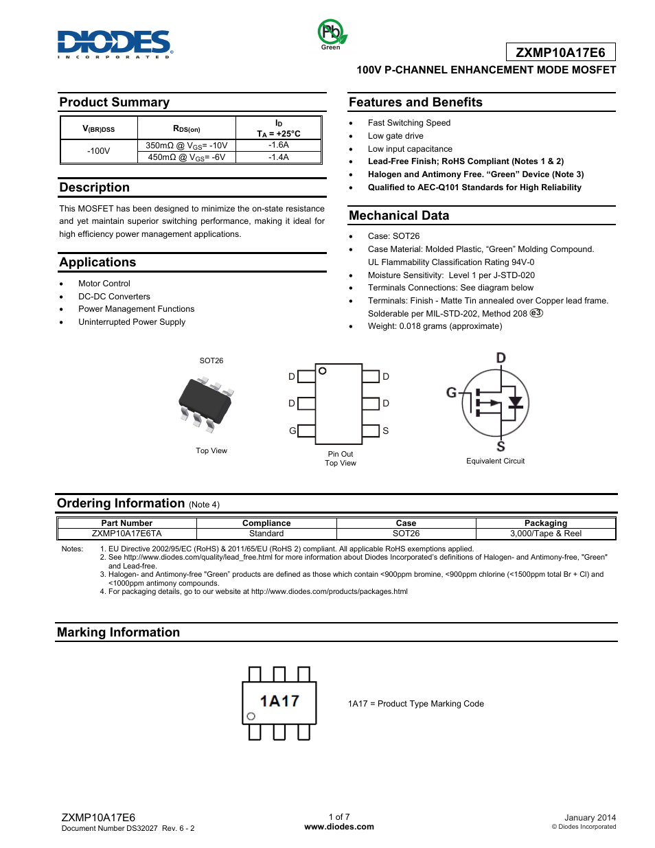 Diodes ZXMP10A17E6 User Manual | 7 pages