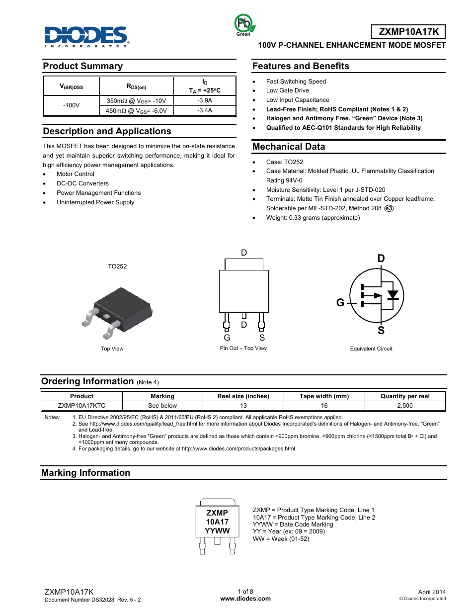 Diodes ZXMP10A17K User Manual | 8 pages