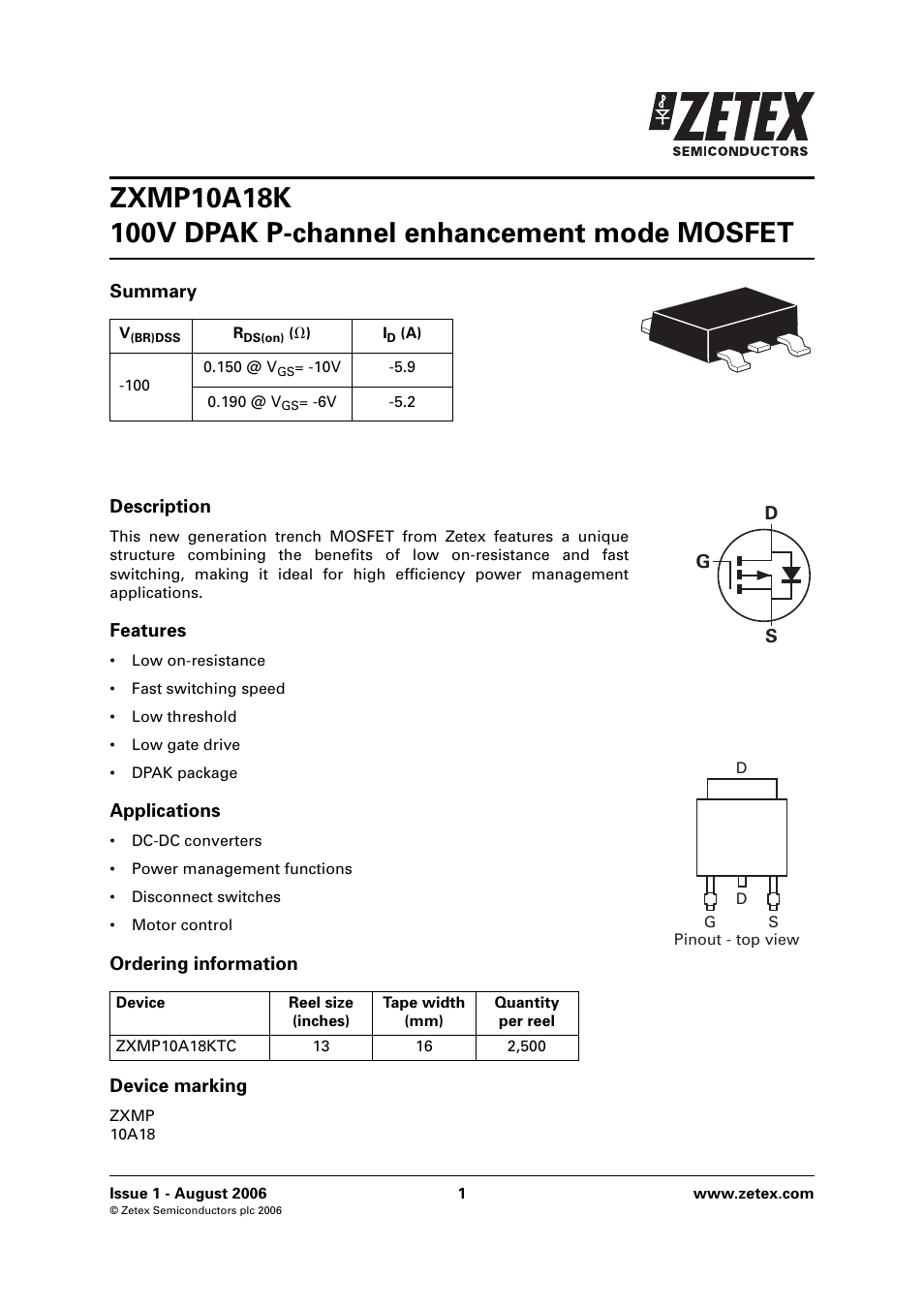Diodes ZXMP10A18K User Manual | 8 pages