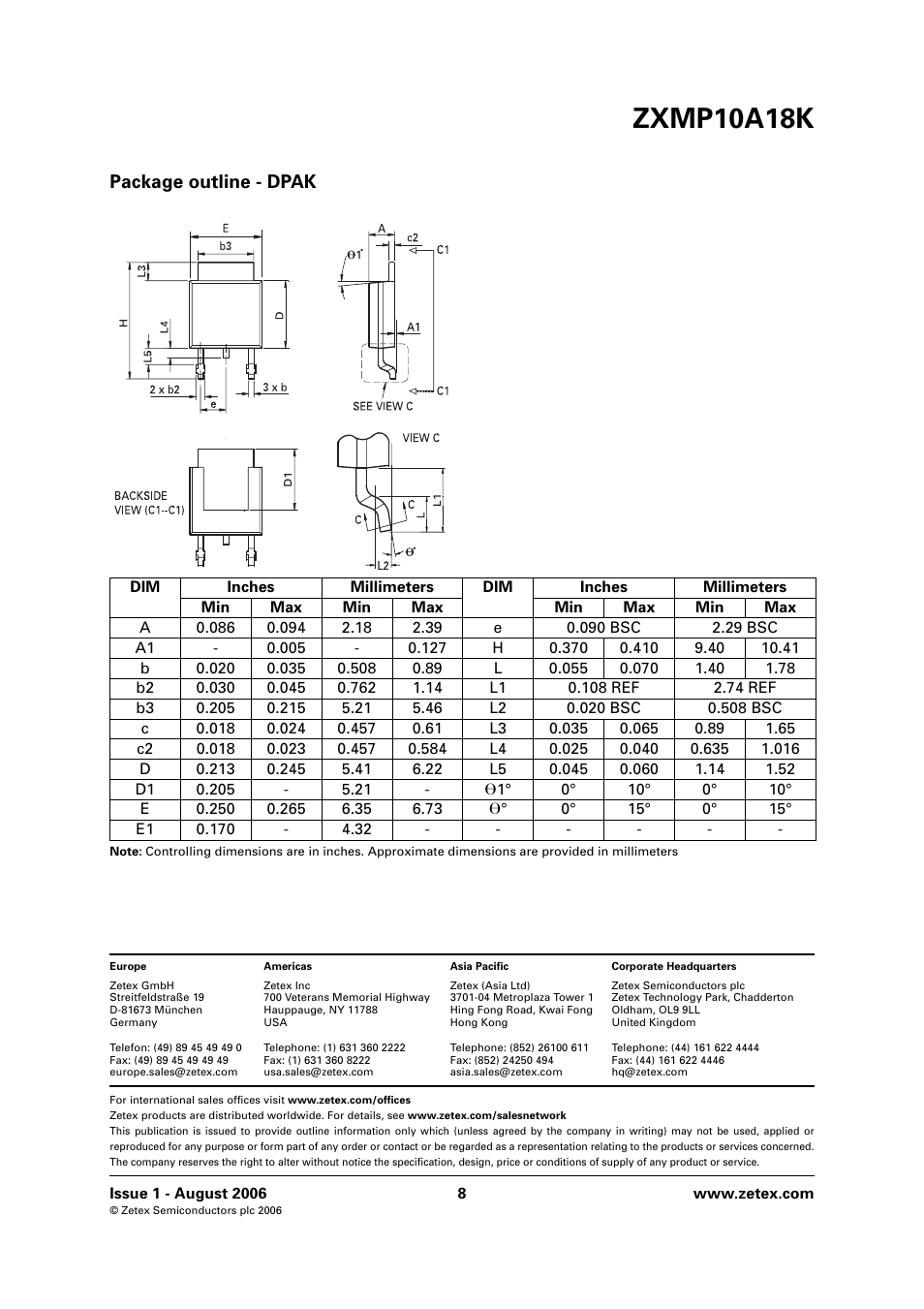 Zxmp10a18k, Package outline - dpak | Diodes ZXMP10A18K User Manual | Page 8 / 8