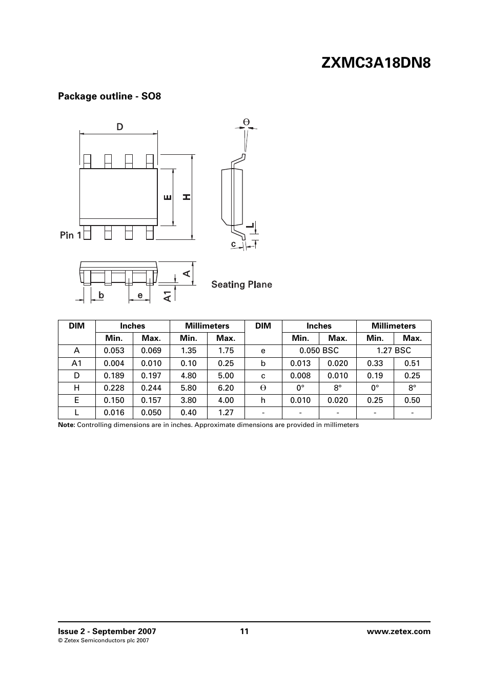 Package outline - so8, Zxmc3a18dn8 | Diodes ZXMC3A18DN8 User Manual | Page 11 / 12