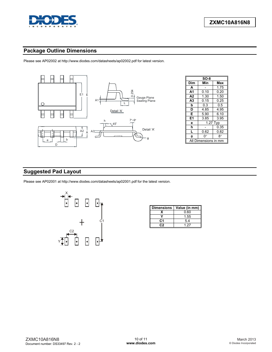 Package outline dimensions, Suggested pad layout | Diodes ZXMC10A816N8 User Manual | Page 10 / 11