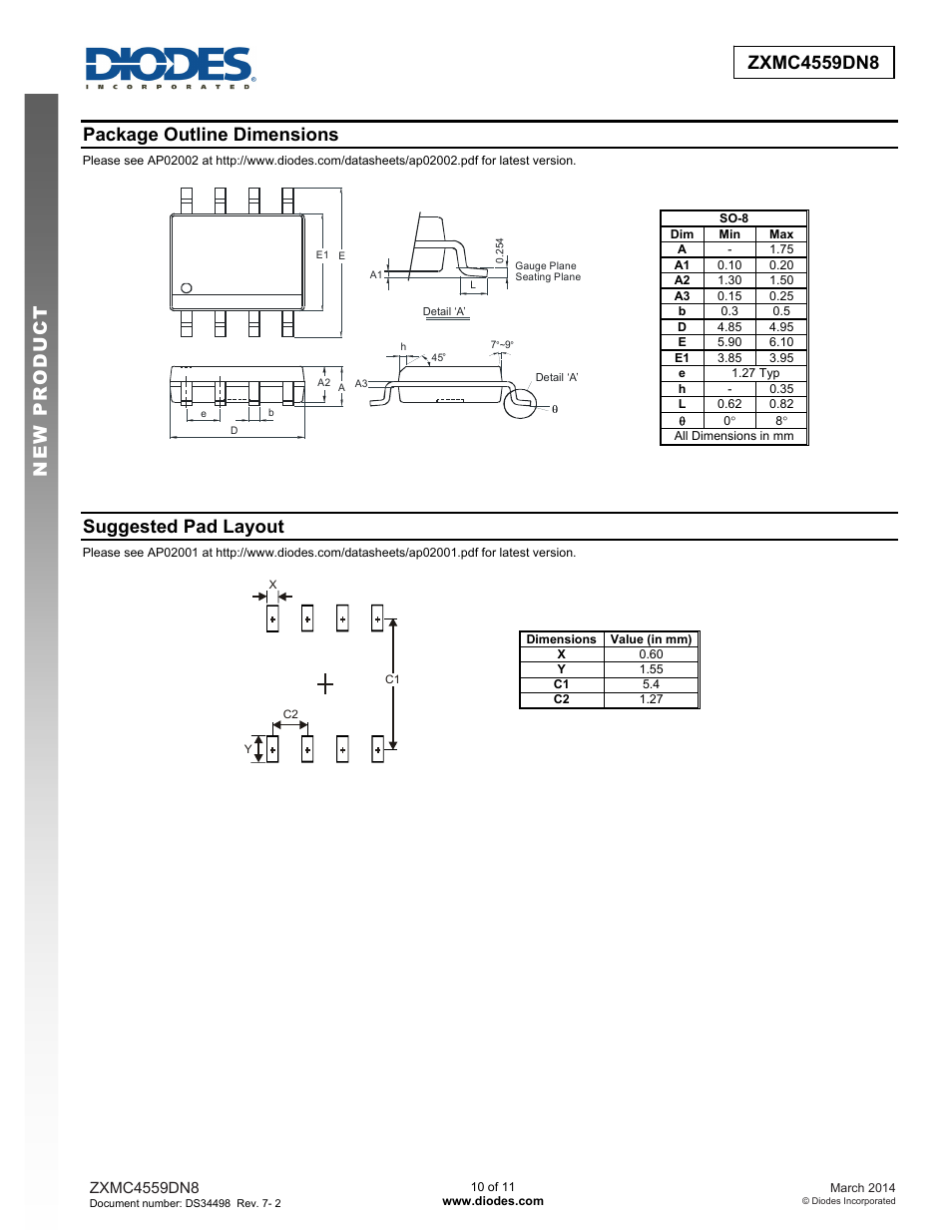 Package outline dimensions, Suggested pad layout | Diodes ZXMC4559DN8 User Manual | Page 10 / 11