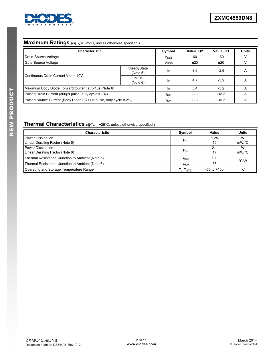 Maximum ratings, Thermal characteristics | Diodes ZXMC4559DN8 User Manual | Page 2 / 11