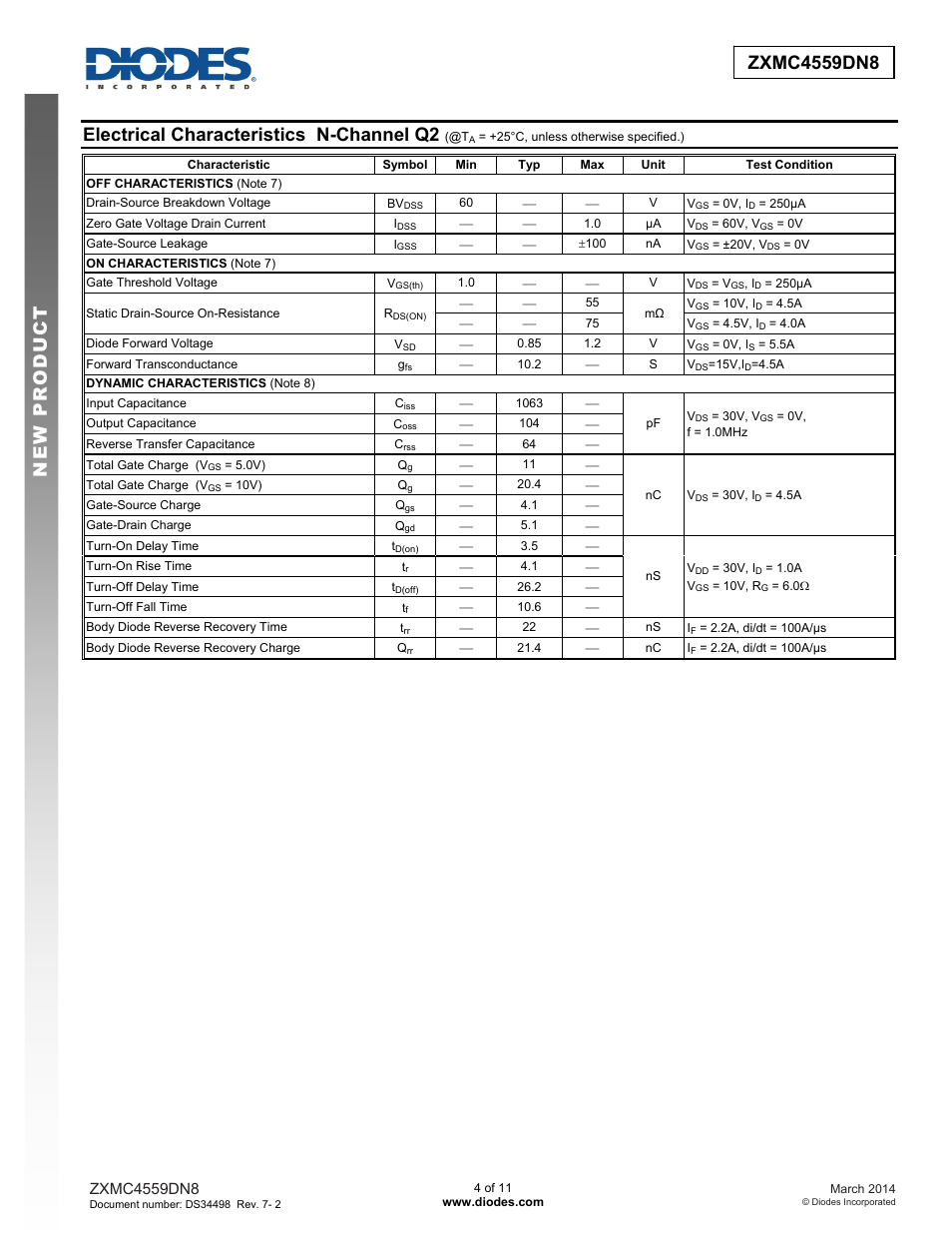 Electrical characteristics n-channel q2 | Diodes ZXMC4559DN8 User Manual | Page 4 / 11