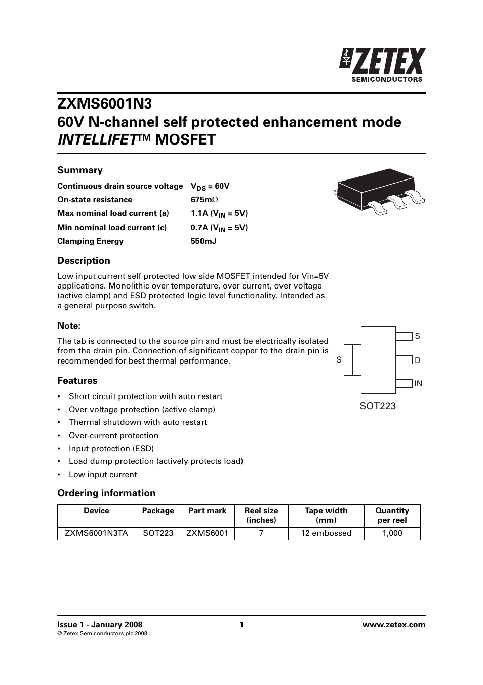 Diodes ZXMS6001N3 User Manual | 10 pages