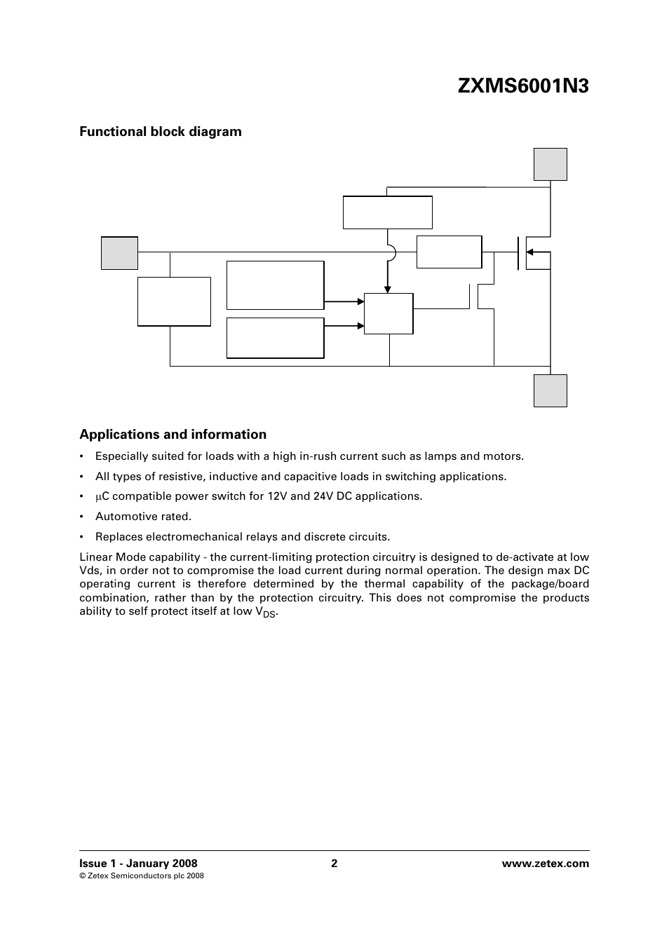 Functional block diagram, Applications and information | Diodes ZXMS6001N3 User Manual | Page 2 / 10