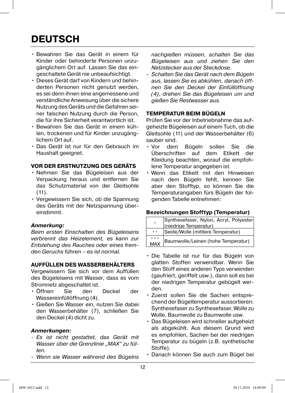 Deutsch | MAXWELL MW-3012 W User Manual | Page 12 / 40