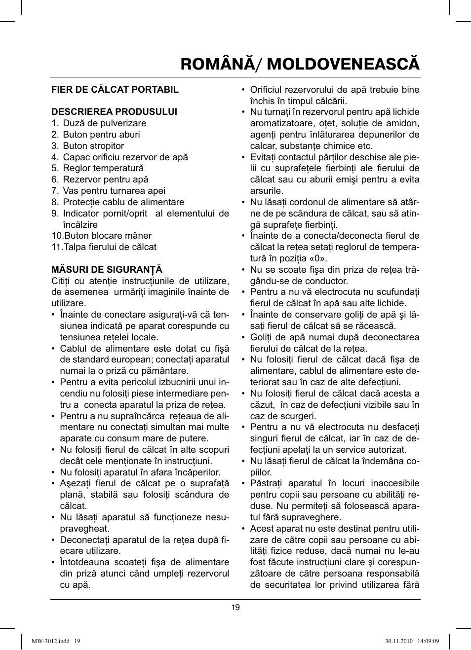 Română/ moldovenească | MAXWELL MW-3012 W User Manual | Page 19 / 40