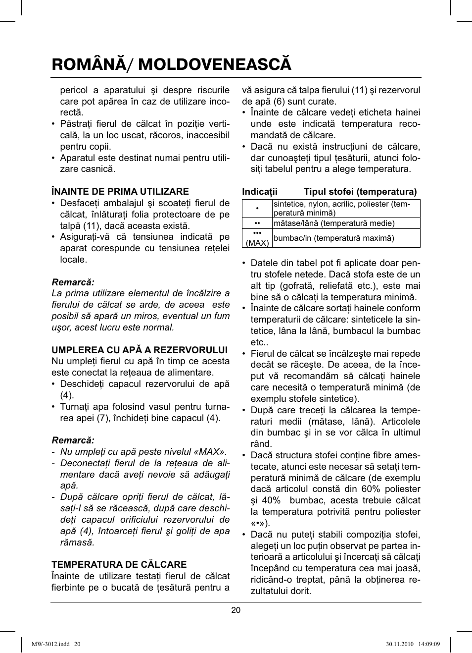 Română/ moldovenească | MAXWELL MW-3012 W User Manual | Page 20 / 40