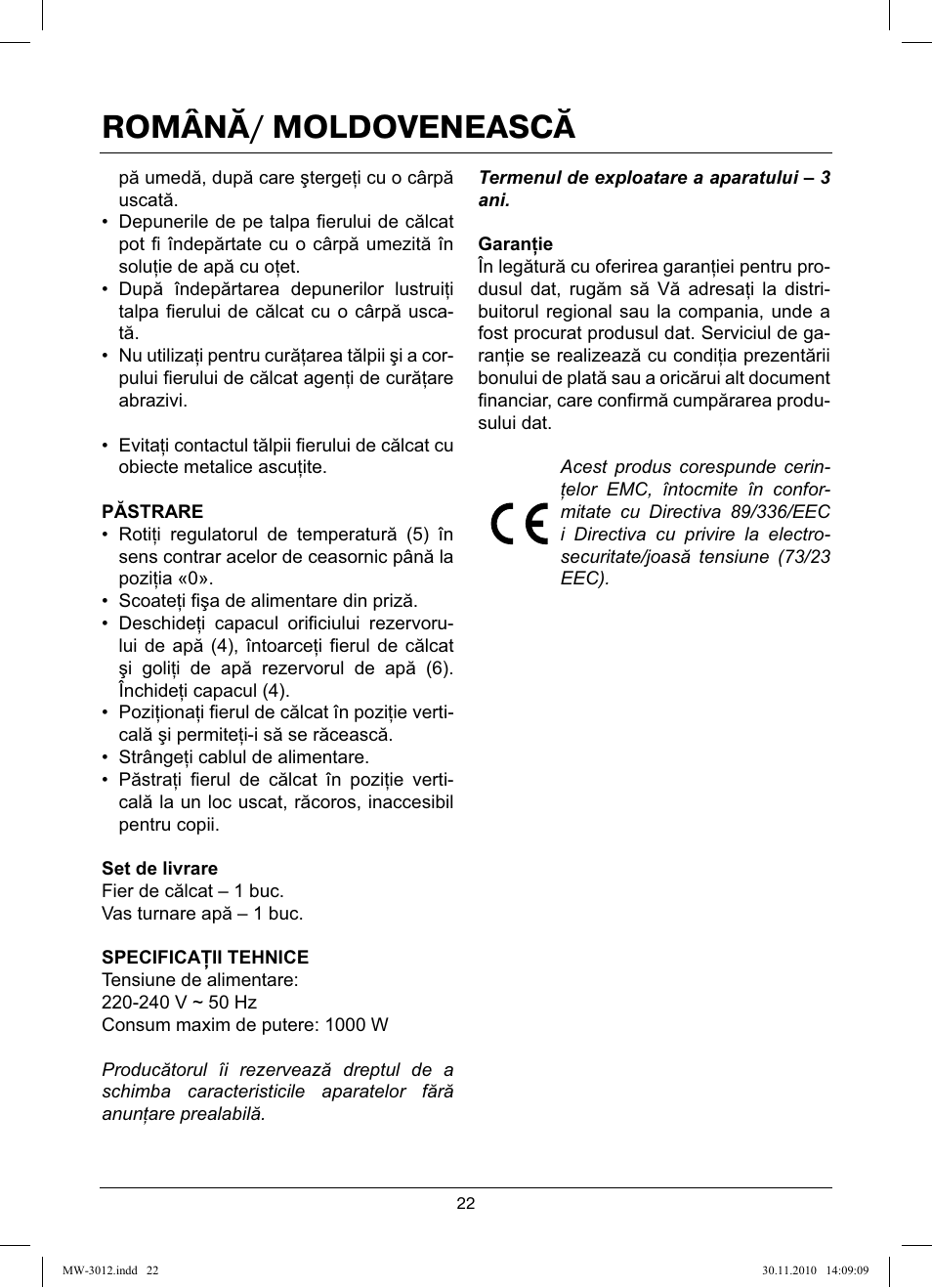 Română/ moldovenească | MAXWELL MW-3012 W User Manual | Page 22 / 40