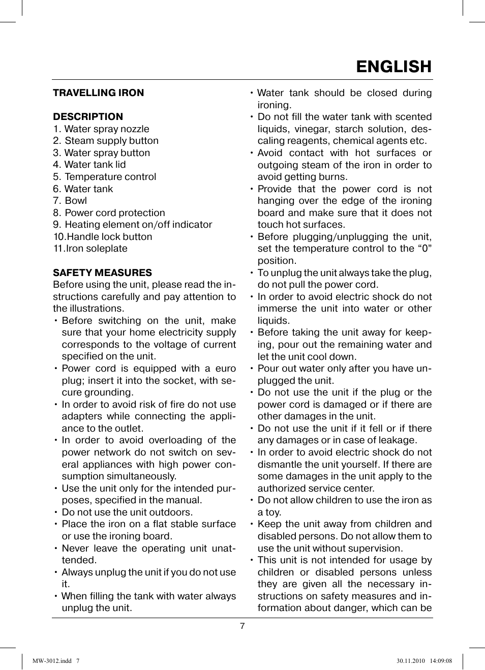 English | MAXWELL MW-3012 W User Manual | Page 7 / 40