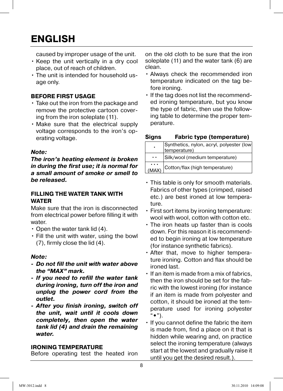 English | MAXWELL MW-3012 W User Manual | Page 8 / 40