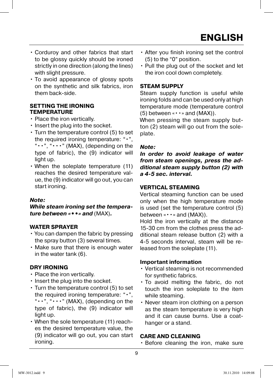 English | MAXWELL MW-3012 W User Manual | Page 9 / 40