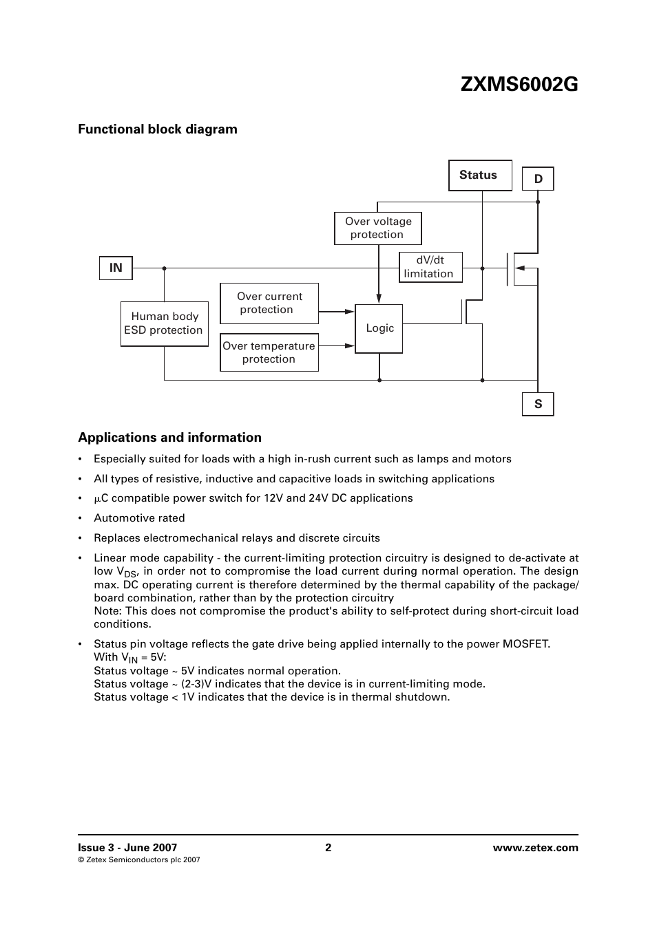 Functional block diagram, Applications and information, Zxms6002g | Diodes ZXMS6002G User Manual | Page 2 / 10