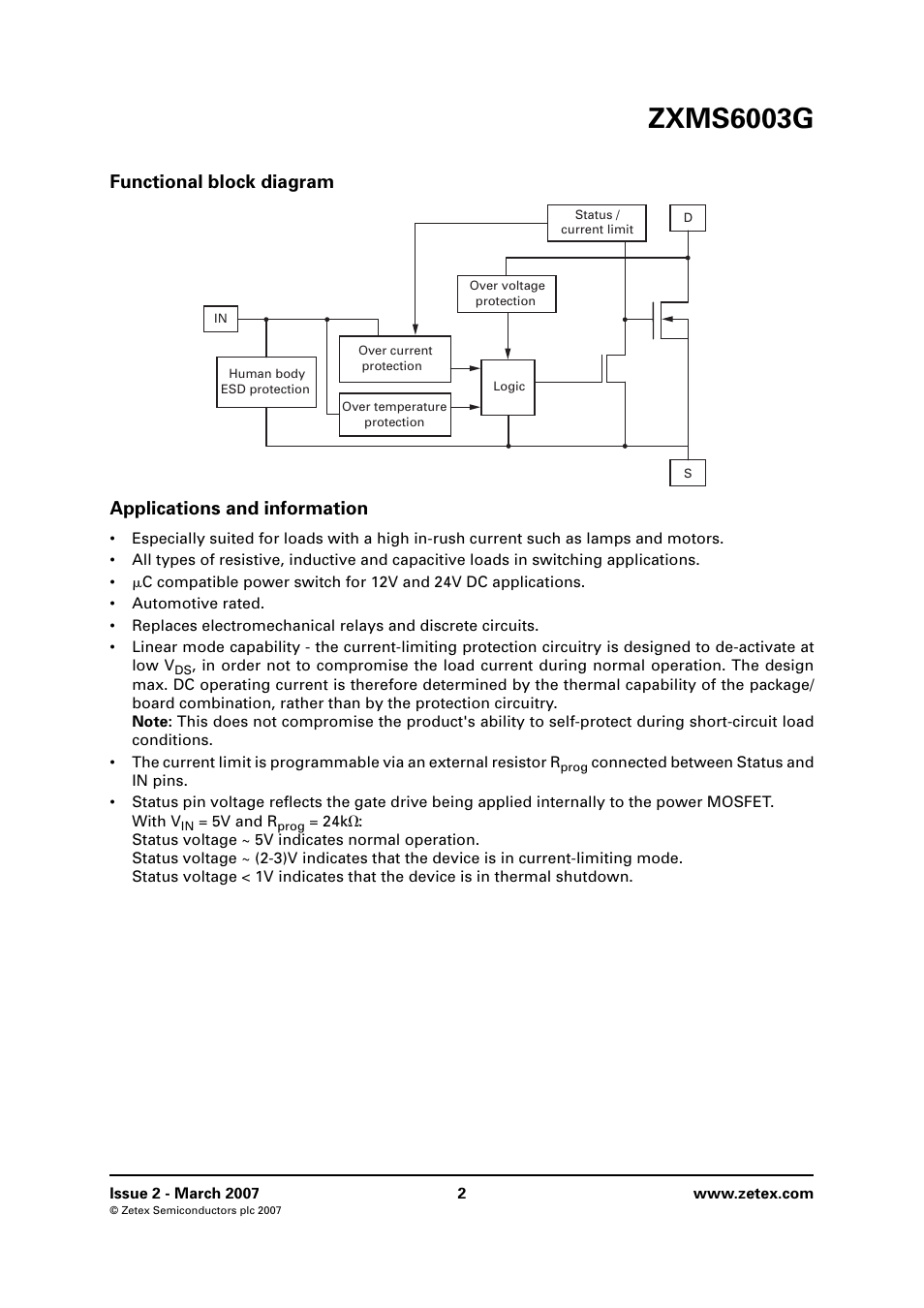 Functional block diagram, Applications and information, Zxms6003g | Diodes ZXMS6003G User Manual | Page 2 / 10