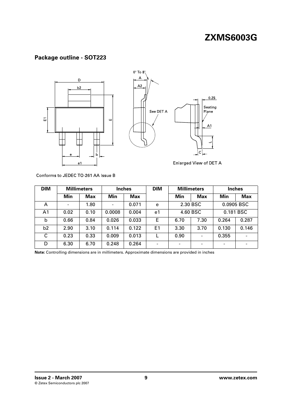 Package outline - sot223, Zxms6003g | Diodes ZXMS6003G User Manual | Page 9 / 10