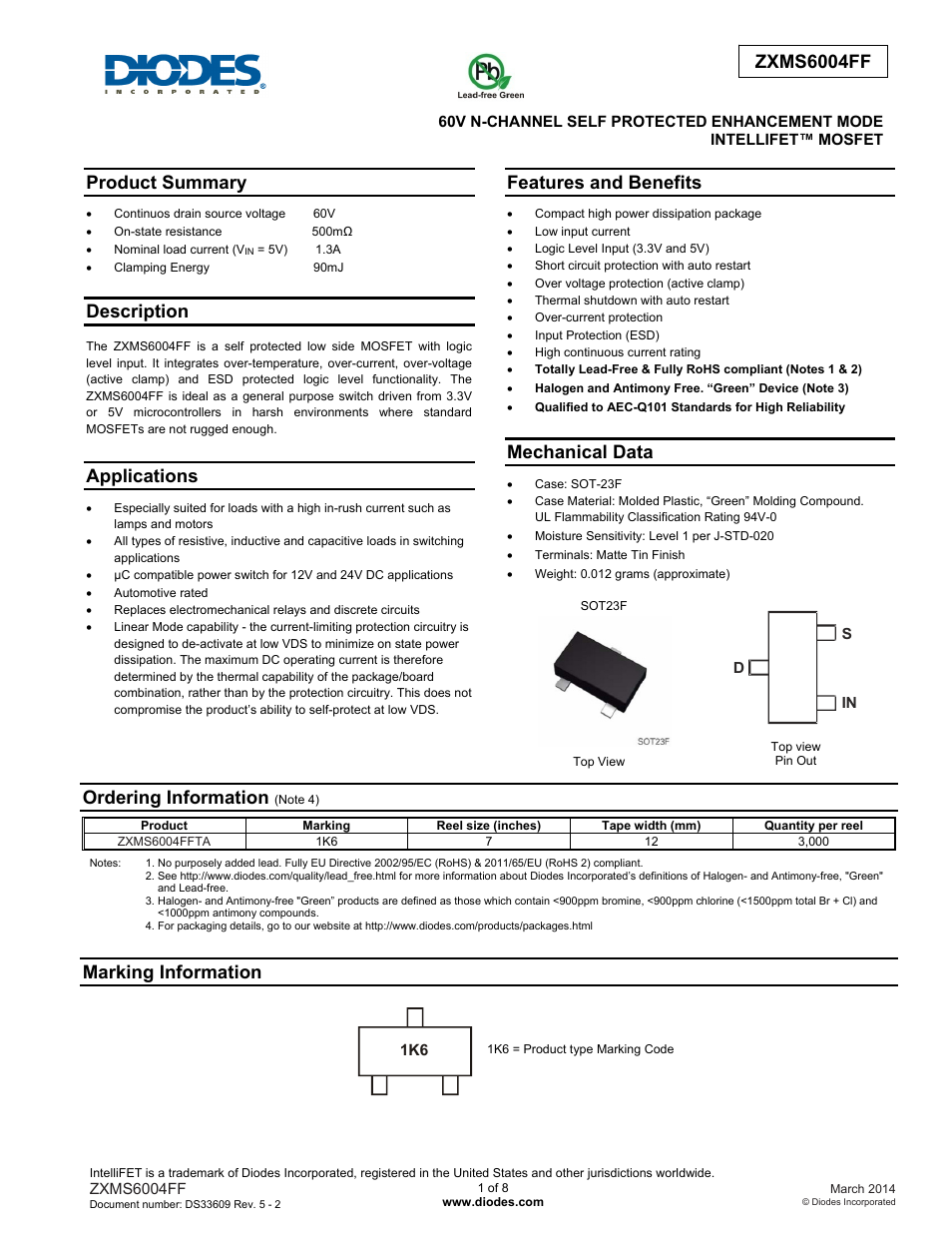 Diodes ZXMS6004FF User Manual | 8 pages