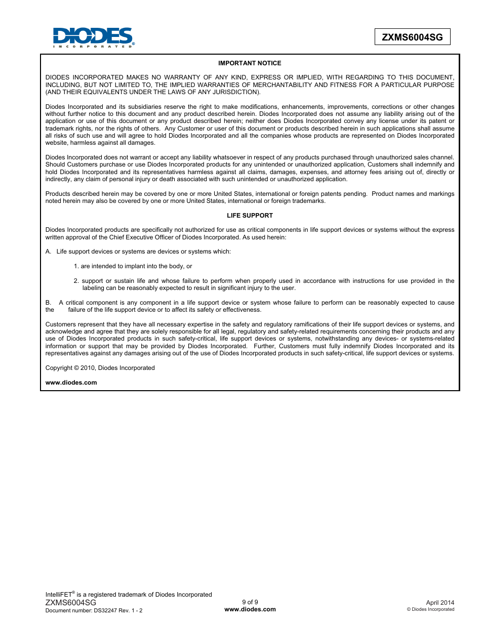 Diodes ZXMS6004SG User Manual | Page 9 / 9