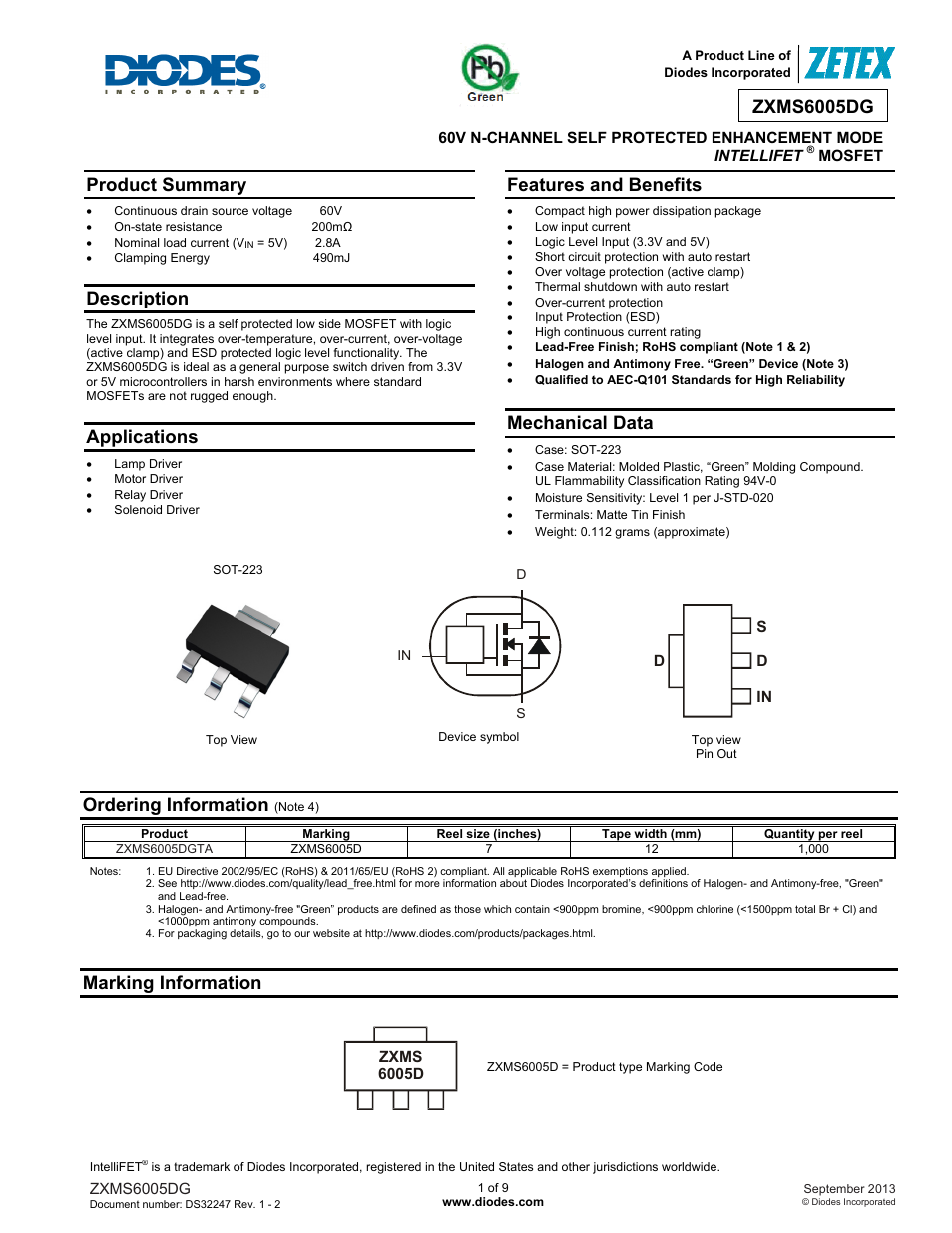 Diodes ZXMS6005DG User Manual | 9 pages