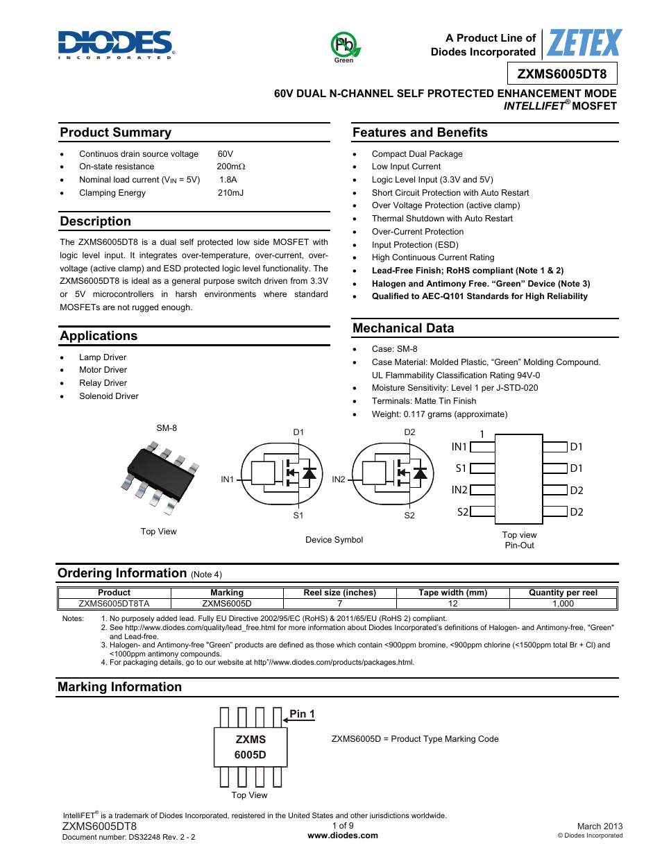 Diodes ZXMS6005DT8 User Manual | 9 pages