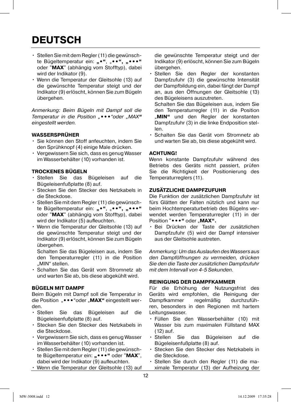 Deutsch | MAXWELL MW-3008 VT User Manual | Page 12 / 40