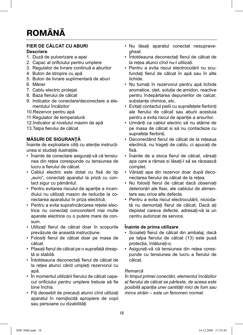Română | MAXWELL MW-3008 VT User Manual | Page 18 / 40