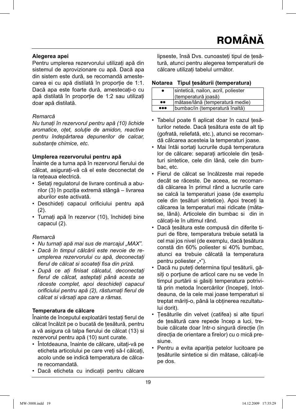 Română | MAXWELL MW-3008 VT User Manual | Page 19 / 40
