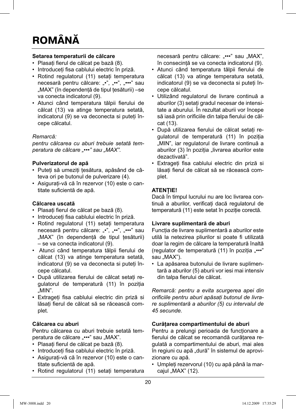 Română | MAXWELL MW-3008 VT User Manual | Page 20 / 40