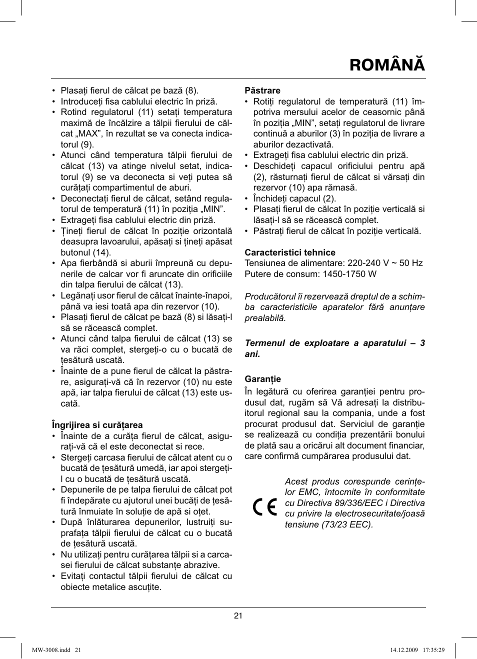 Română | MAXWELL MW-3008 VT User Manual | Page 21 / 40