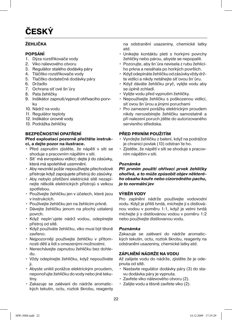 Český | MAXWELL MW-3008 VT User Manual | Page 22 / 40