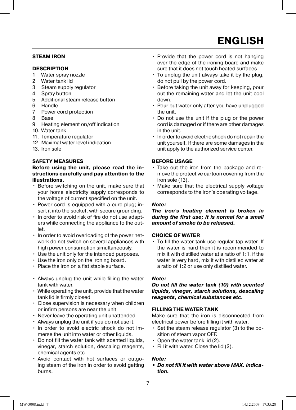 English | MAXWELL MW-3008 VT User Manual | Page 7 / 40