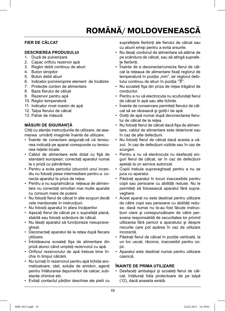 Română/ moldovenească | MAXWELL MW-3015 G User Manual | Page 19 / 40