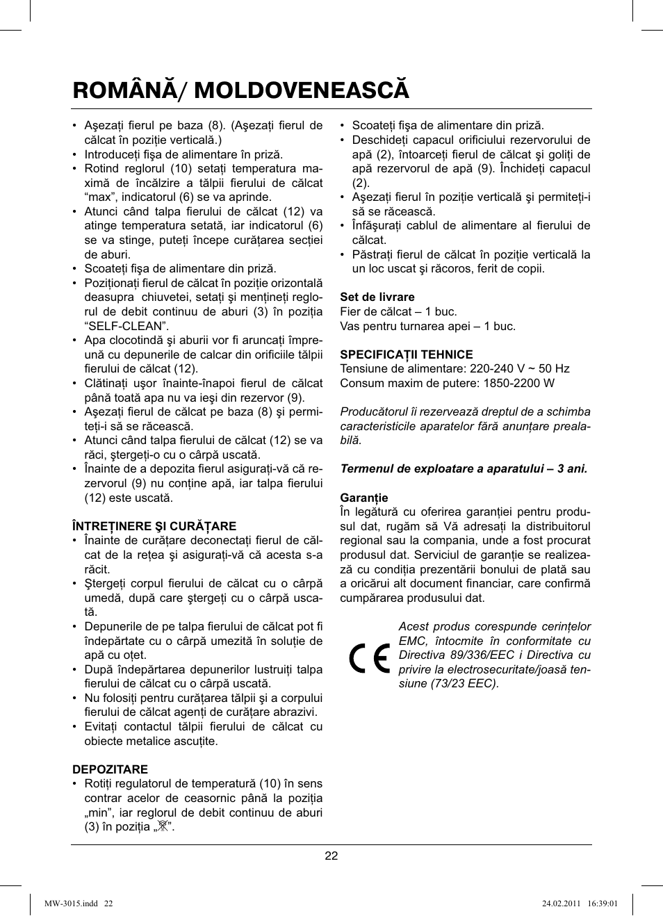 Română/ moldovenească | MAXWELL MW-3015 G User Manual | Page 22 / 40