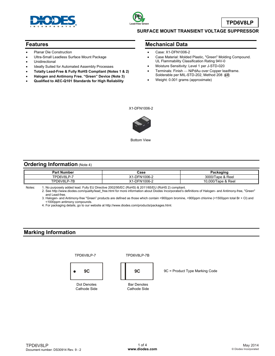 Diodes TPD6V8LP User Manual | 4 pages