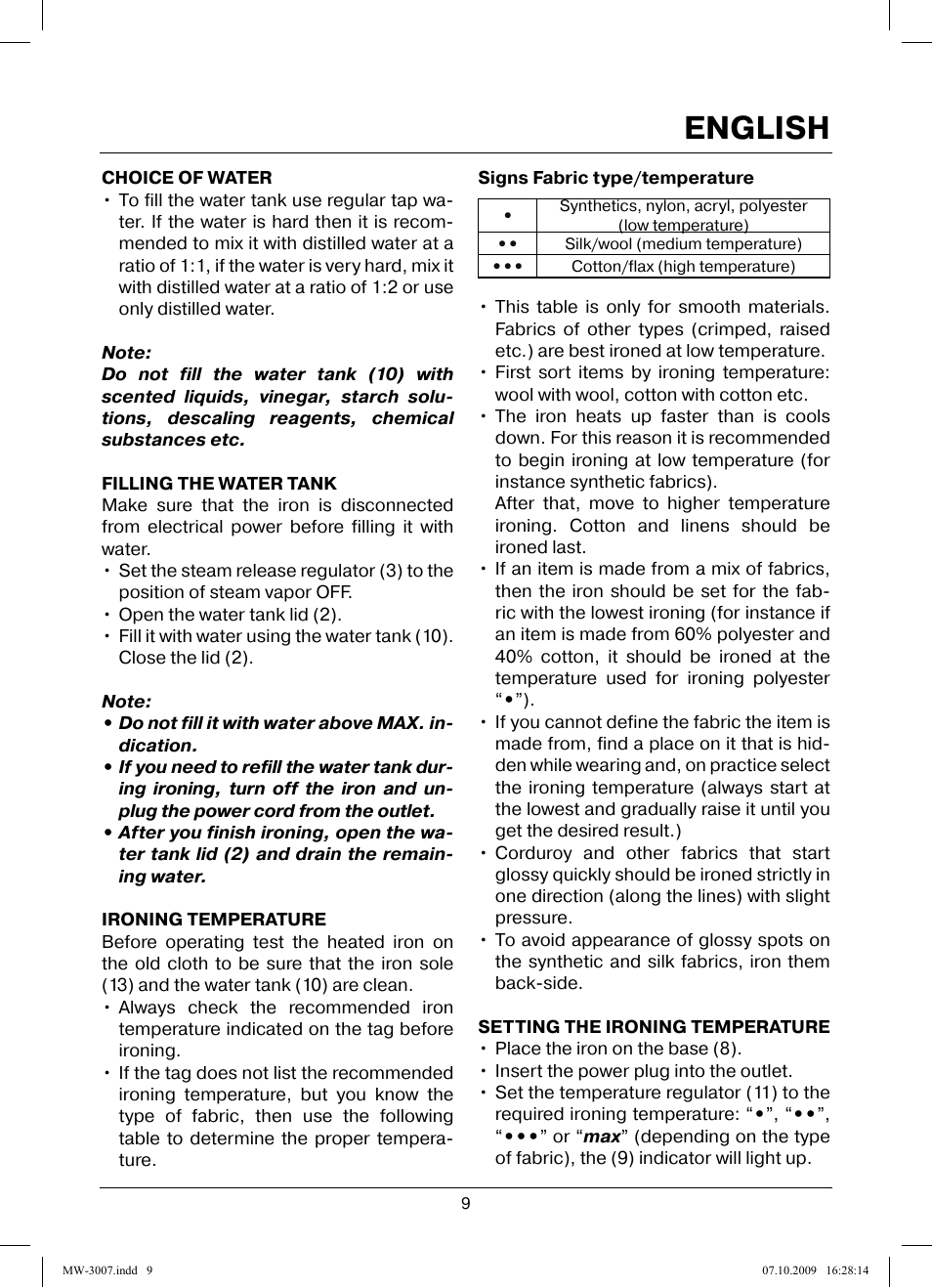 English | MAXWELL MW-3007 B User Manual | Page 9 / 44