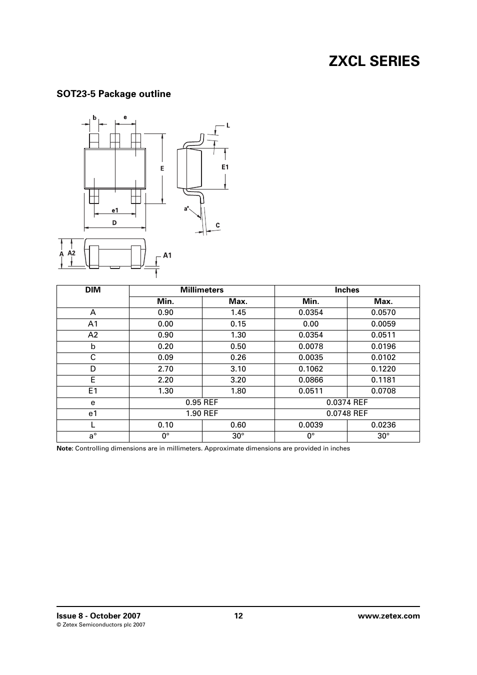 Sot23-5 package outline, Zxcl series | Diodes ZXCL SERIES User Manual | Page 12 / 14