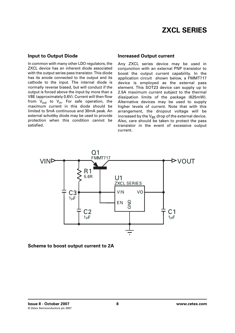 Input to output diode, Scheme to boost output current to 2a, Zxcl series | Diodes ZXCL SERIES User Manual | Page 8 / 14