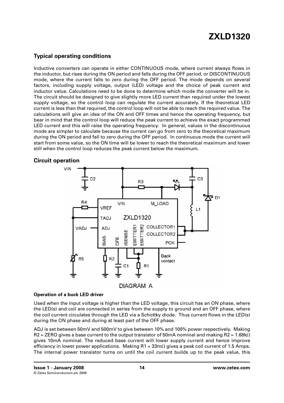 Typical operating conditions, Circuit operation, Zxld1320 | Diodes ZXLD1320 User Manual | Page 14 / 18