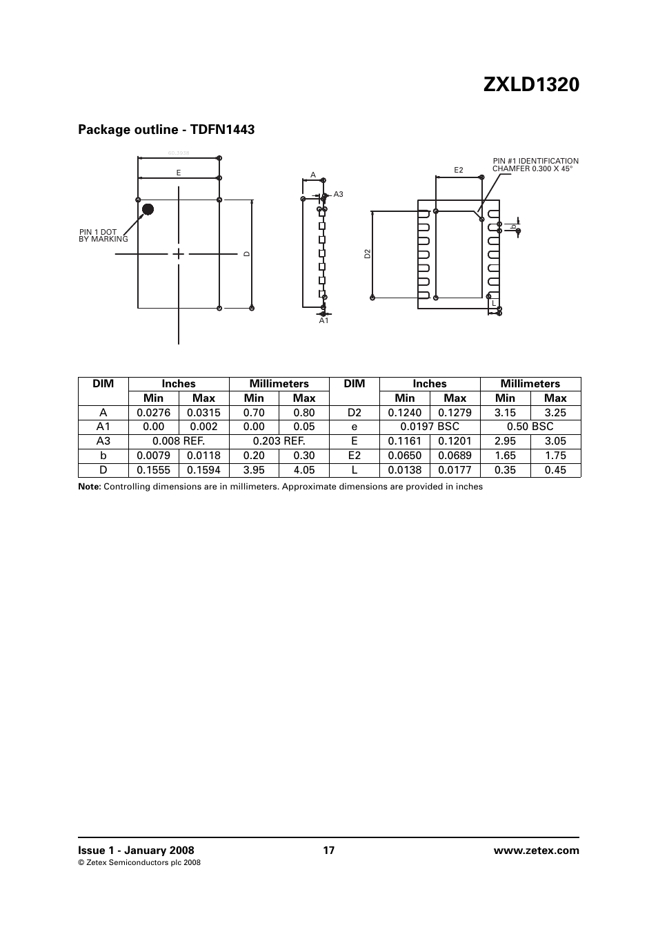 Package outline - tdfn1443, Zxld1320 | Diodes ZXLD1320 User Manual | Page 17 / 18