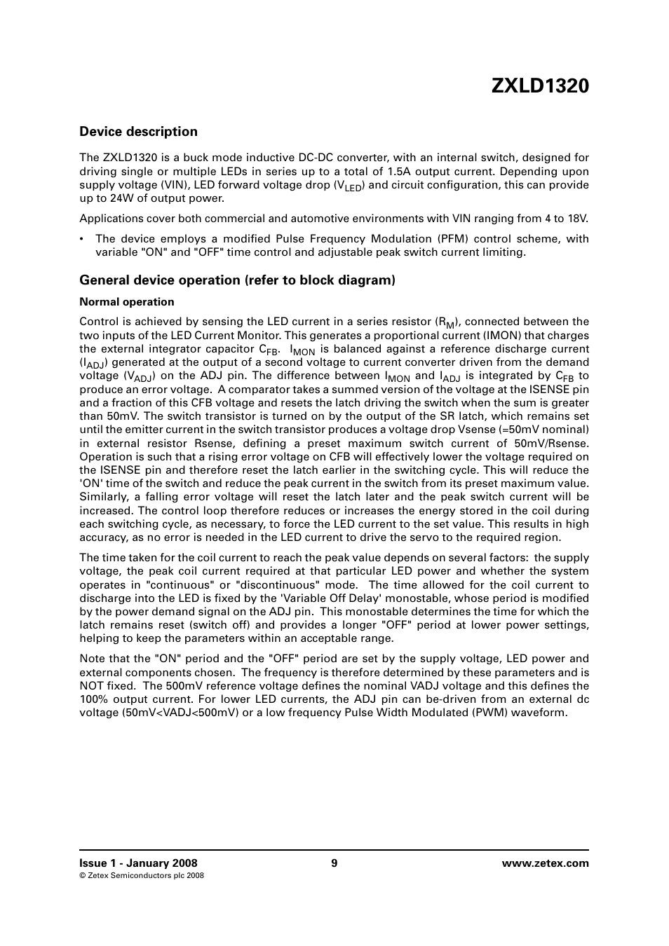 Device description, General device operation (refer to block diagram), Zxld1320 | Diodes ZXLD1320 User Manual | Page 9 / 18