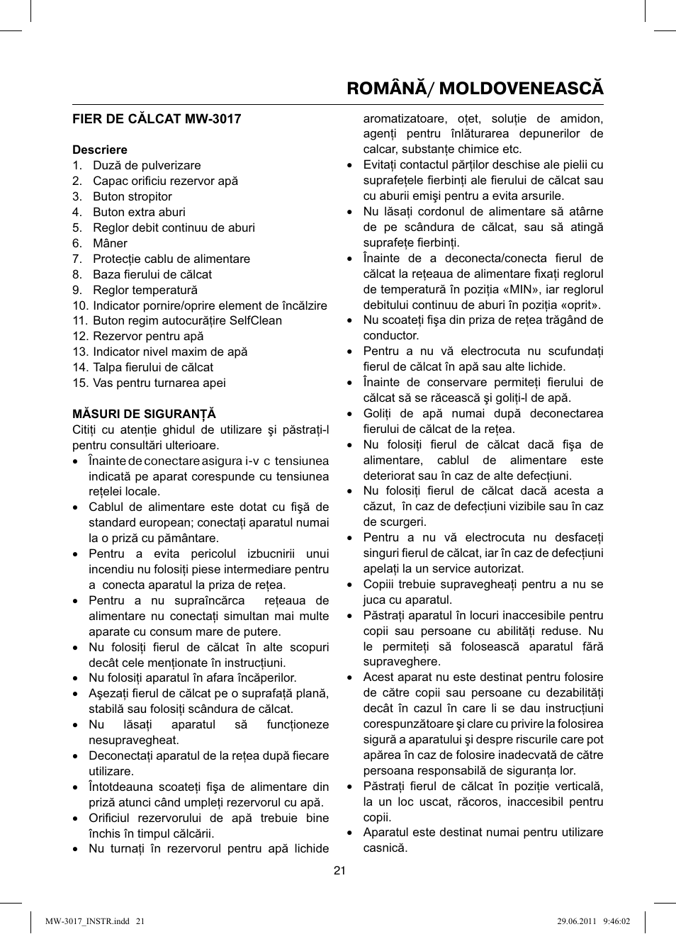 Română/ moldovenească | MAXWELL MW-3017 BK User Manual | Page 21 / 42