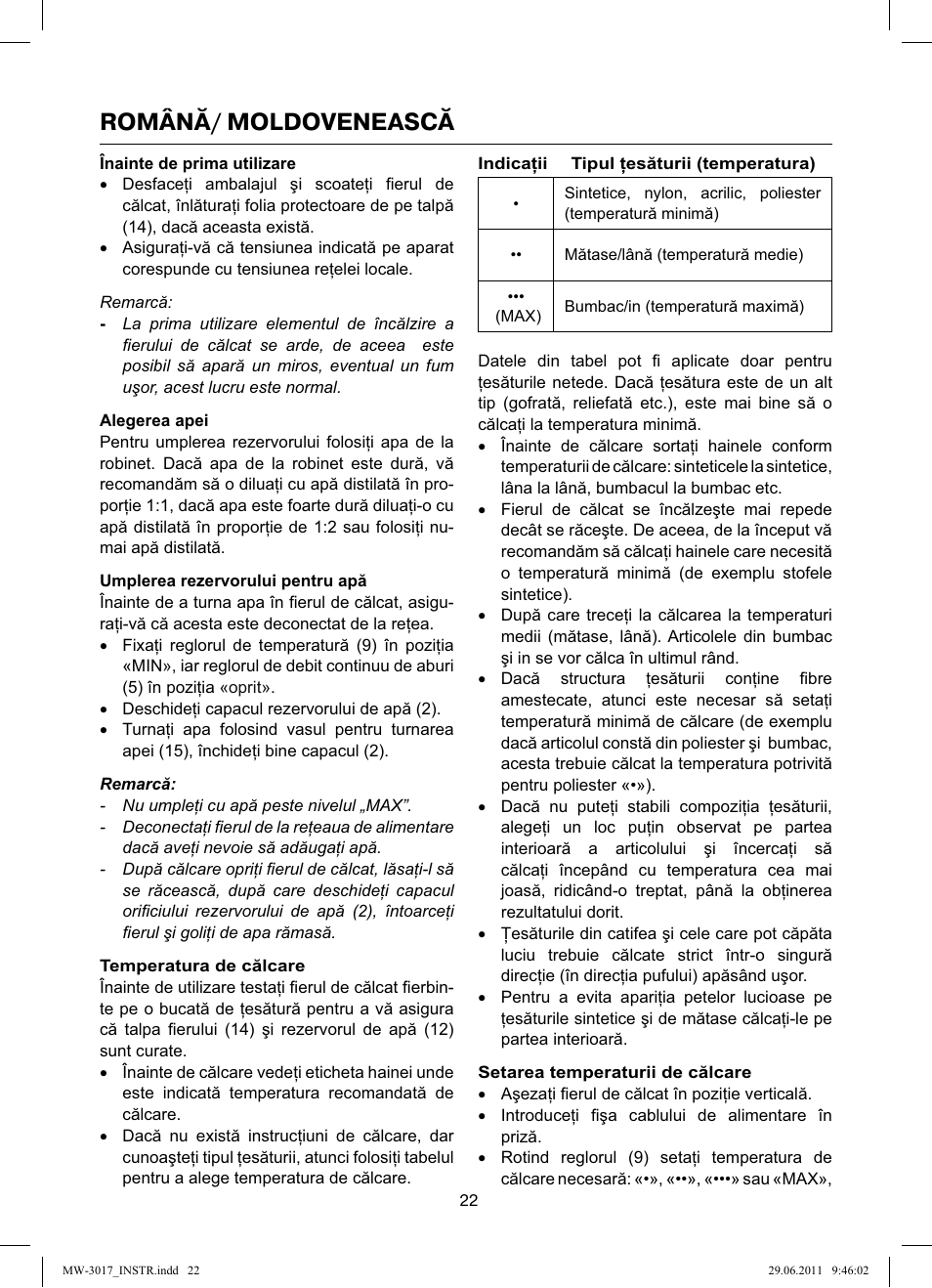 Română/ moldovenească | MAXWELL MW-3017 BK User Manual | Page 22 / 42