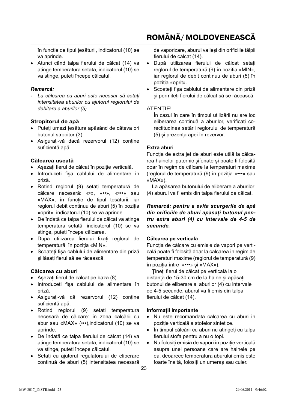 Română/ moldovenească | MAXWELL MW-3017 BK User Manual | Page 23 / 42