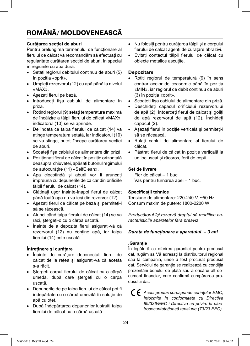 Română/ moldovenească | MAXWELL MW-3017 BK User Manual | Page 24 / 42