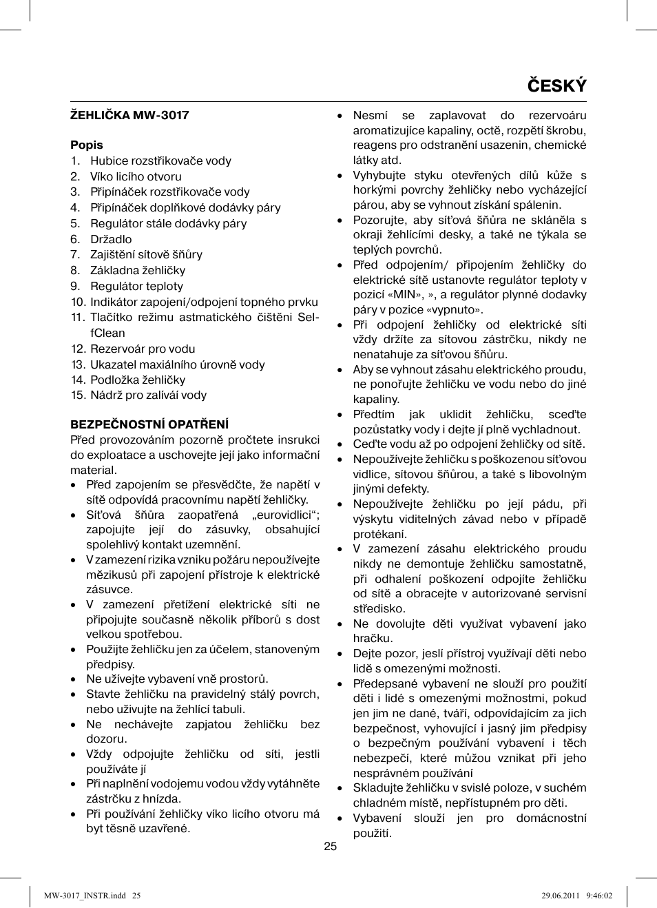Český | MAXWELL MW-3017 BK User Manual | Page 25 / 42